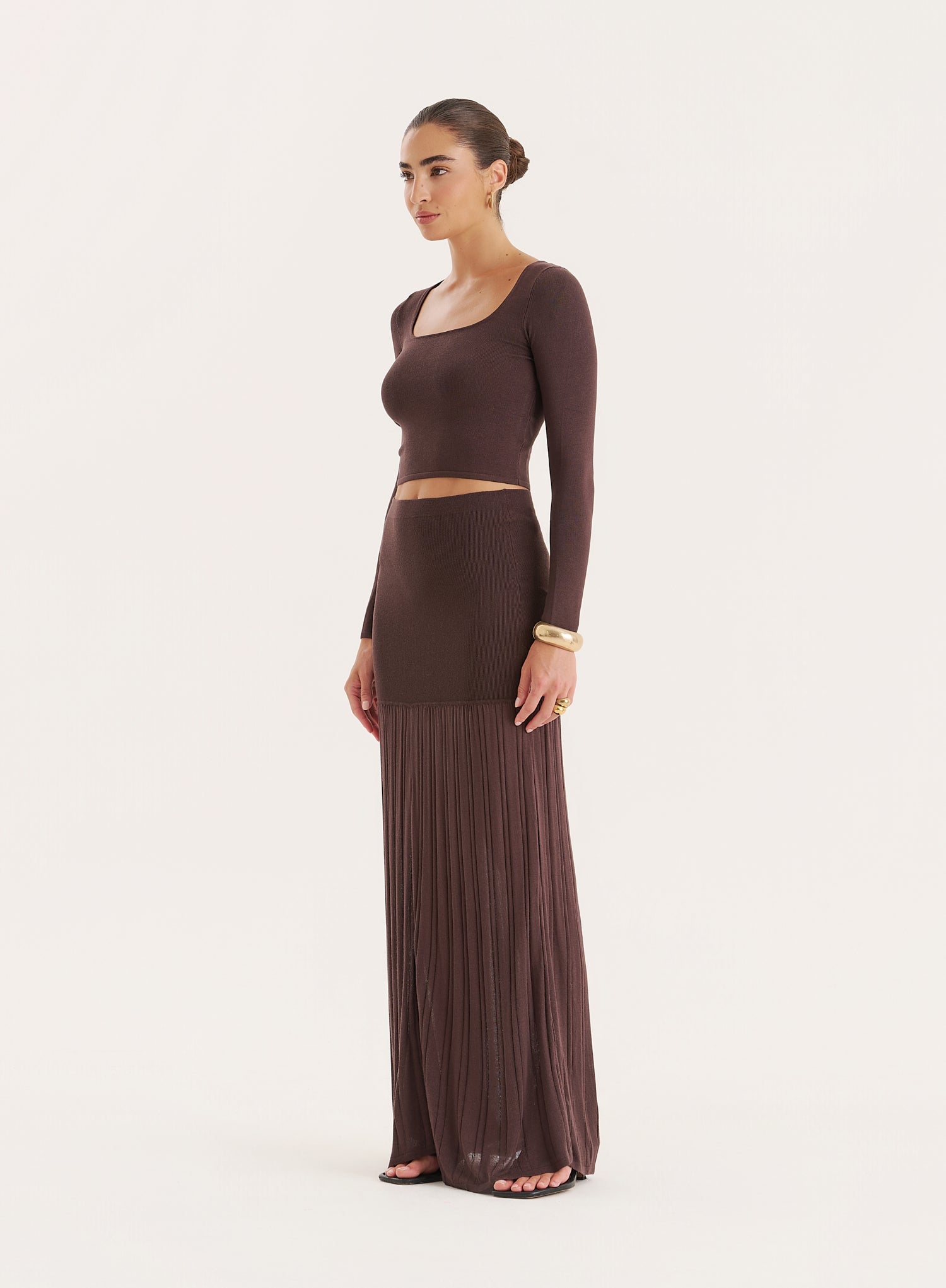 Chocolate Knitted Drop Waist Maxi Skirt